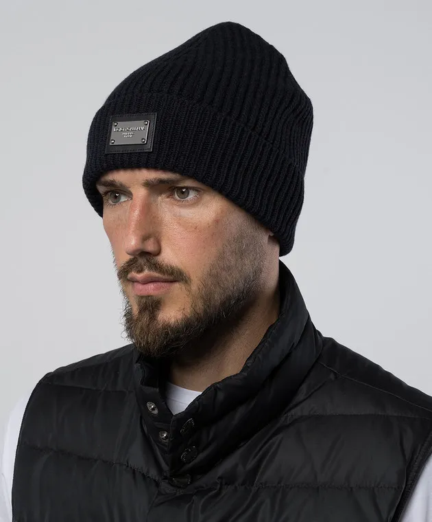 Dolce&Gabbana Blue wool and cashmere cap with logo patch
