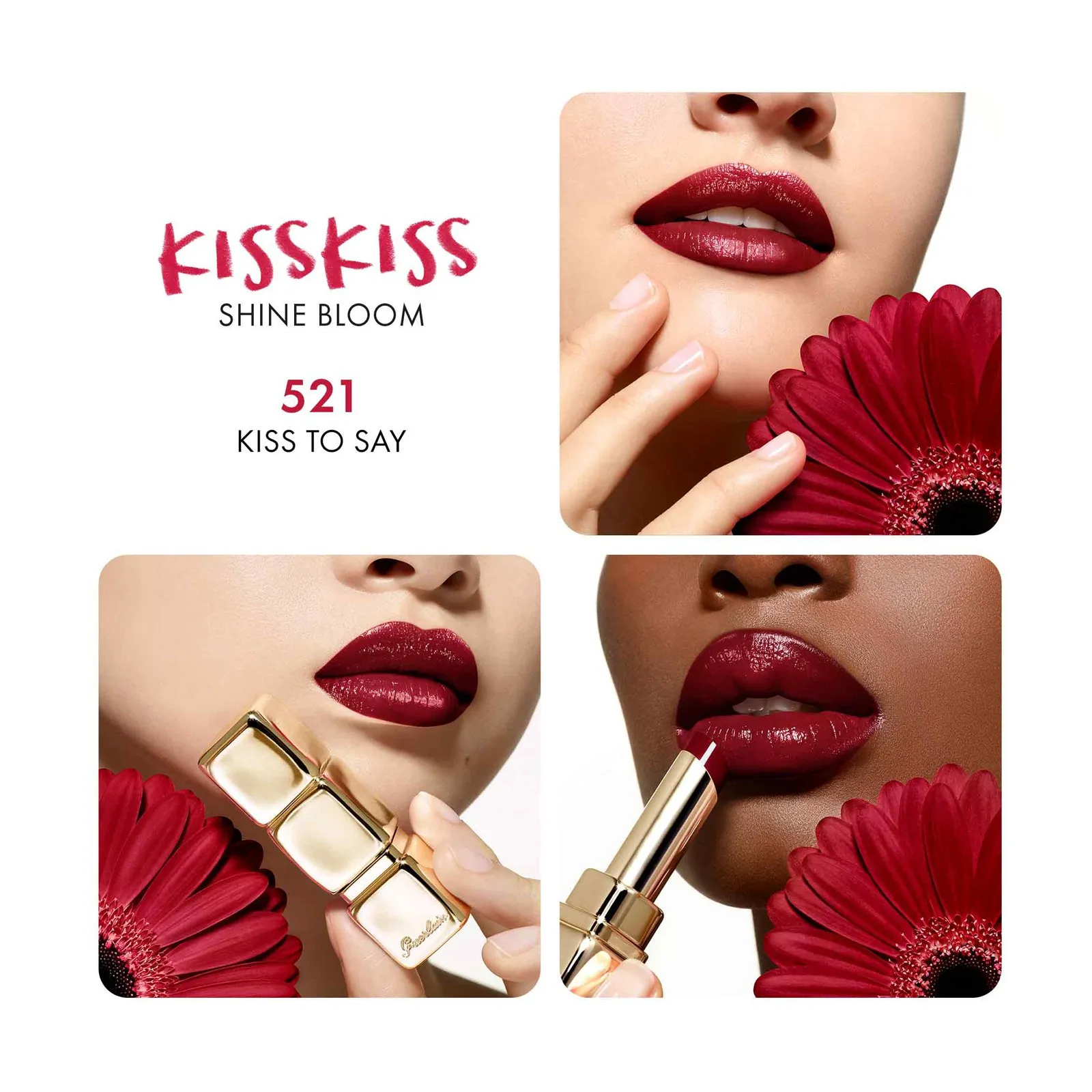 GUERLAIN KISSKISS SHINE BLOOM ROUGE BRILLANTE 95  DE INGREDIENTES DE ORIGEN NATURAL EN   521 KISS TO SAY