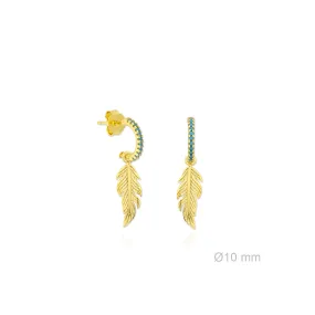 Mini Aritos Plata chapados en Oro con turquesas y Pluma