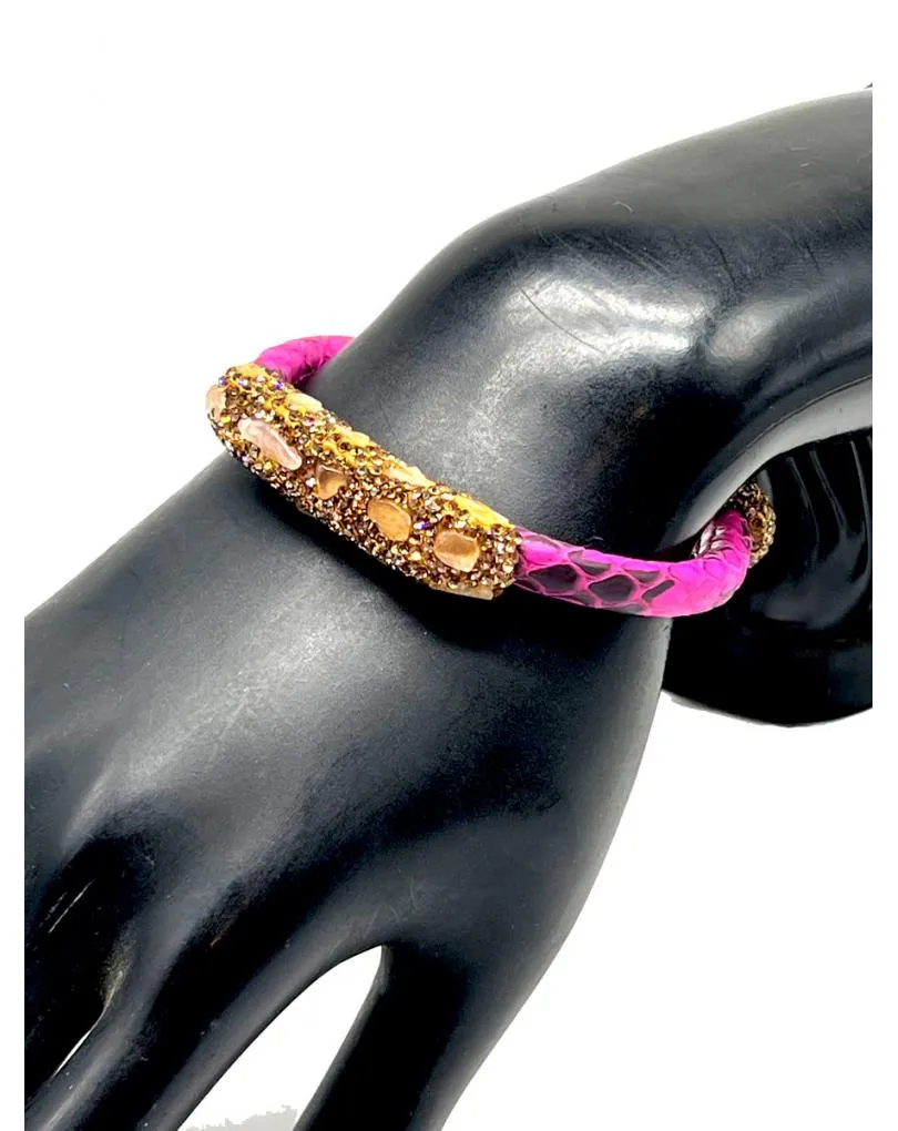 PULSERAS FUCSIAS ORIGINALES EN PIEL DE SERPIENTE Y PEDRERIA