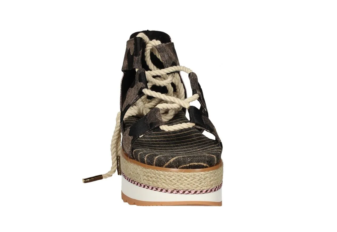 Sandalia Camuflaje Talon Piel Metal Banda Yute Doble Piso