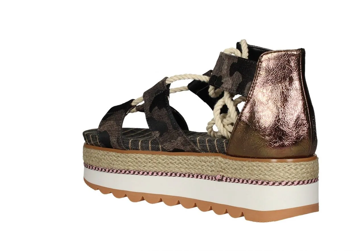 Sandalia Camuflaje Talon Piel Metal Banda Yute Doble Piso