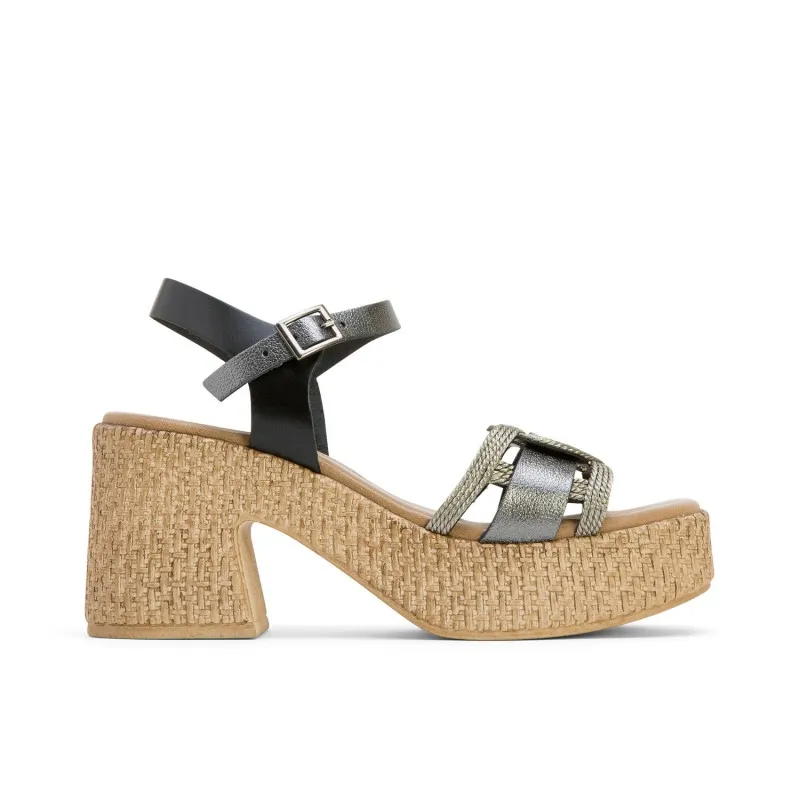SANDALIA TACON PIEL Y TEXTIL NEGRO PLOMO JANA