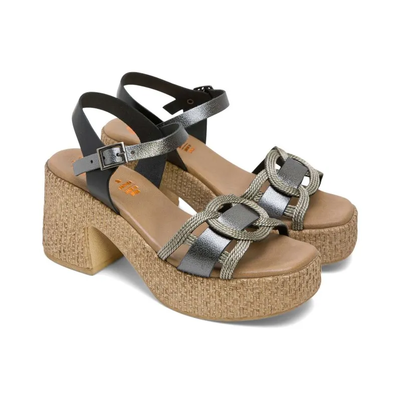 SANDALIA TACON PIEL Y TEXTIL NEGRO PLOMO JANA